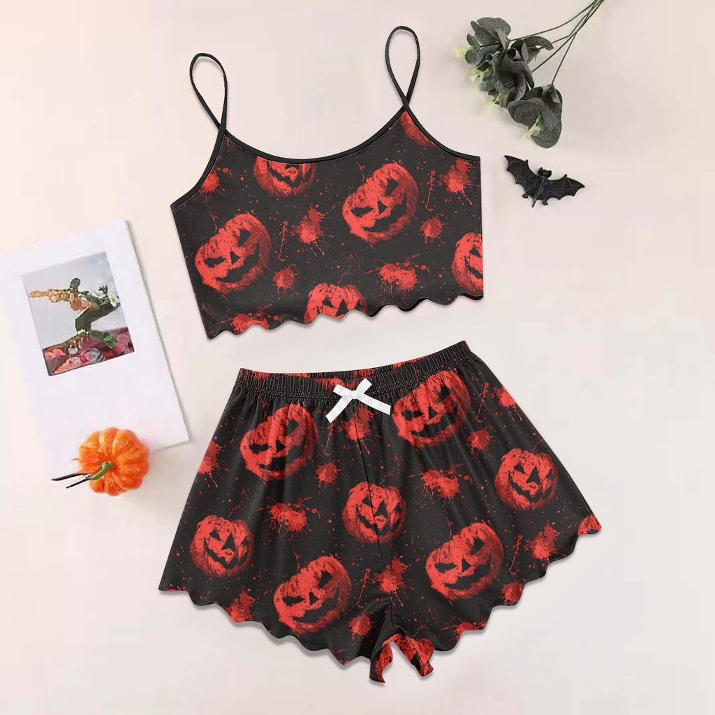 Women's Halloween Set With Retro Floral Print Suspender Sleeveless Vest Shorts Pajama Set