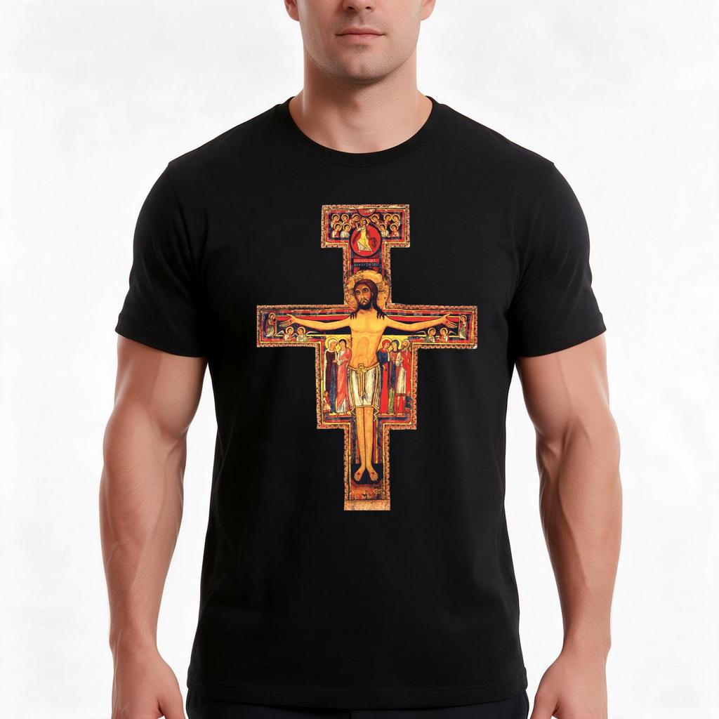 San Damiano Cross Tshirt Summer Casual Cotton Tee Oversized Streetwear Tops Vintage Graphic Print Loose Fit Short Sleeve