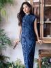 Blue Petite Women's Cheongsam 2025: Autumn Retro Style Dress