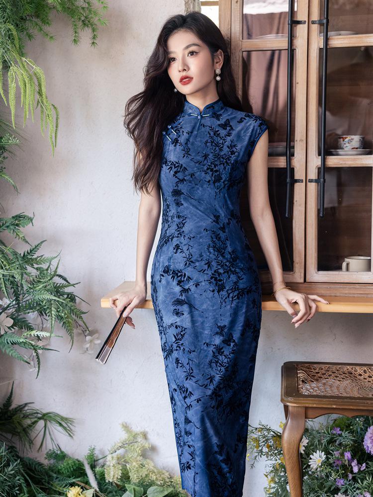 Blue Petite Women's Cheongsam 2025: Autumn Retro Style Dress