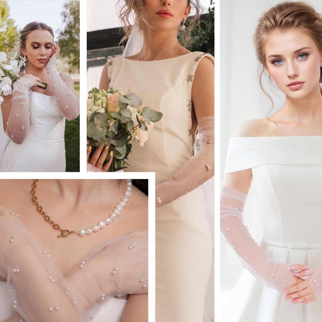 Damen Perlenbesetzte Durchsichtige Tüll Fingerlose Lange Armstulpen Braut Hochzeits Handschuhe Transparentes Netz Armabdeckung für Abendkleid Party Foto Requisiten