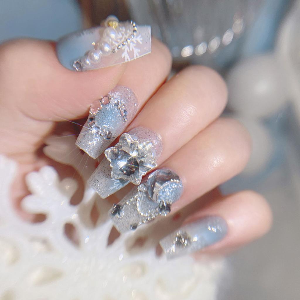 Christmas Blue Smudging Fake Nails Easy to Apply Simple to Peel off Nails for Stage Performance Wear