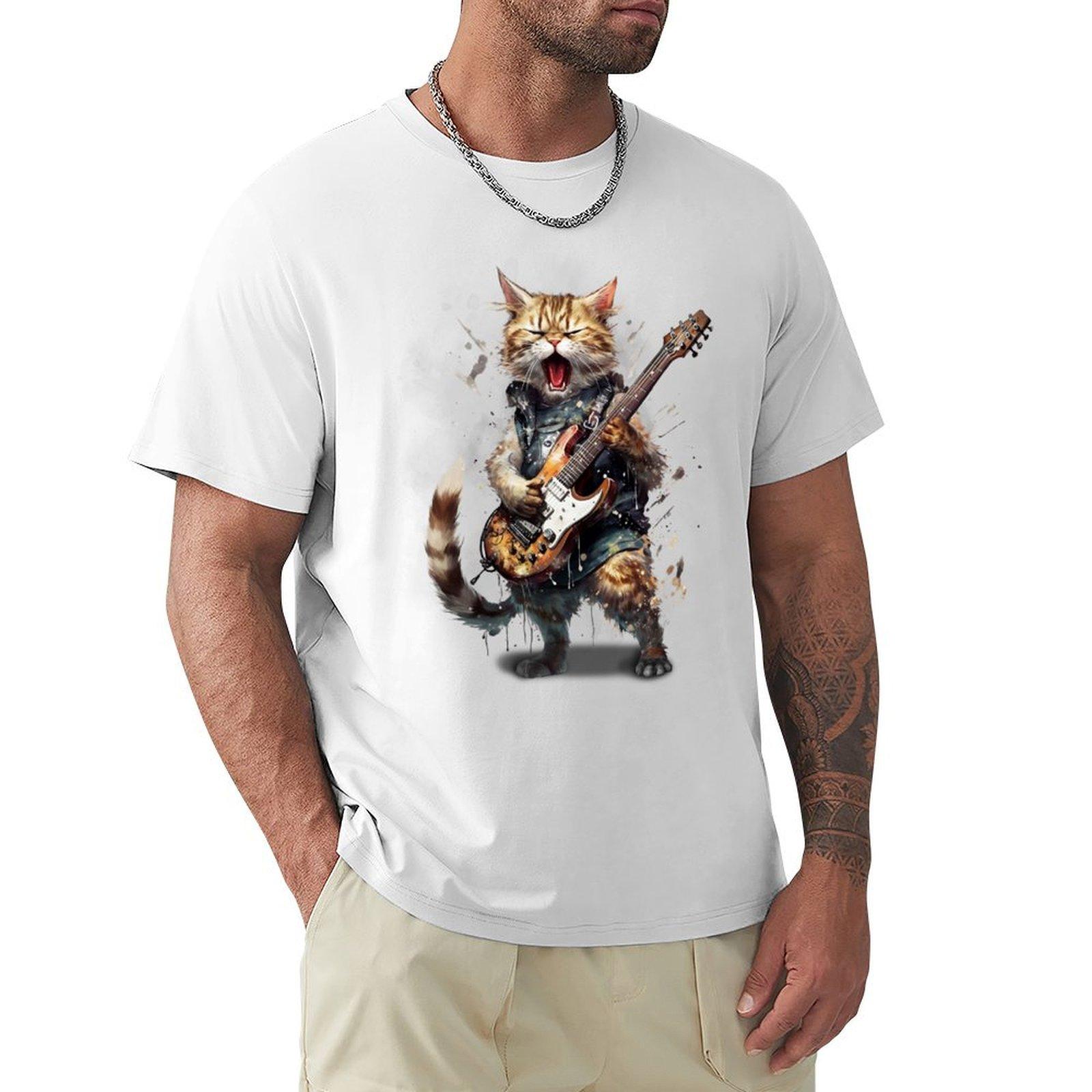 Cat Singing With Electric Guitar Tshirt Christmas Casual Tee Shirt S