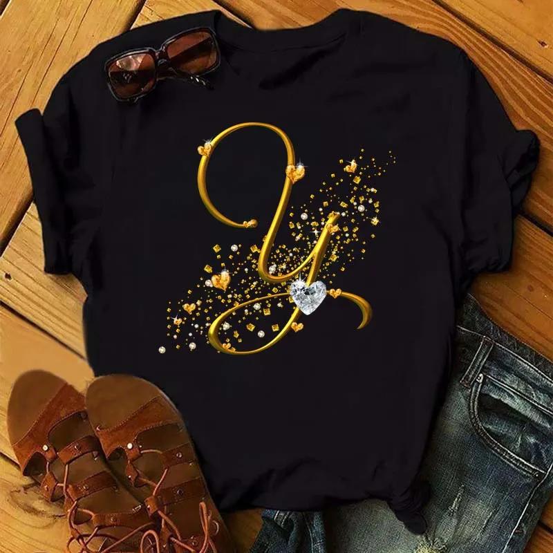 

Name Letter Combination Fashion Women Tshirt Diamond Gold Letter Font Sleeve Tops Black Tshirt Sleeved Harajuk Streetwear S