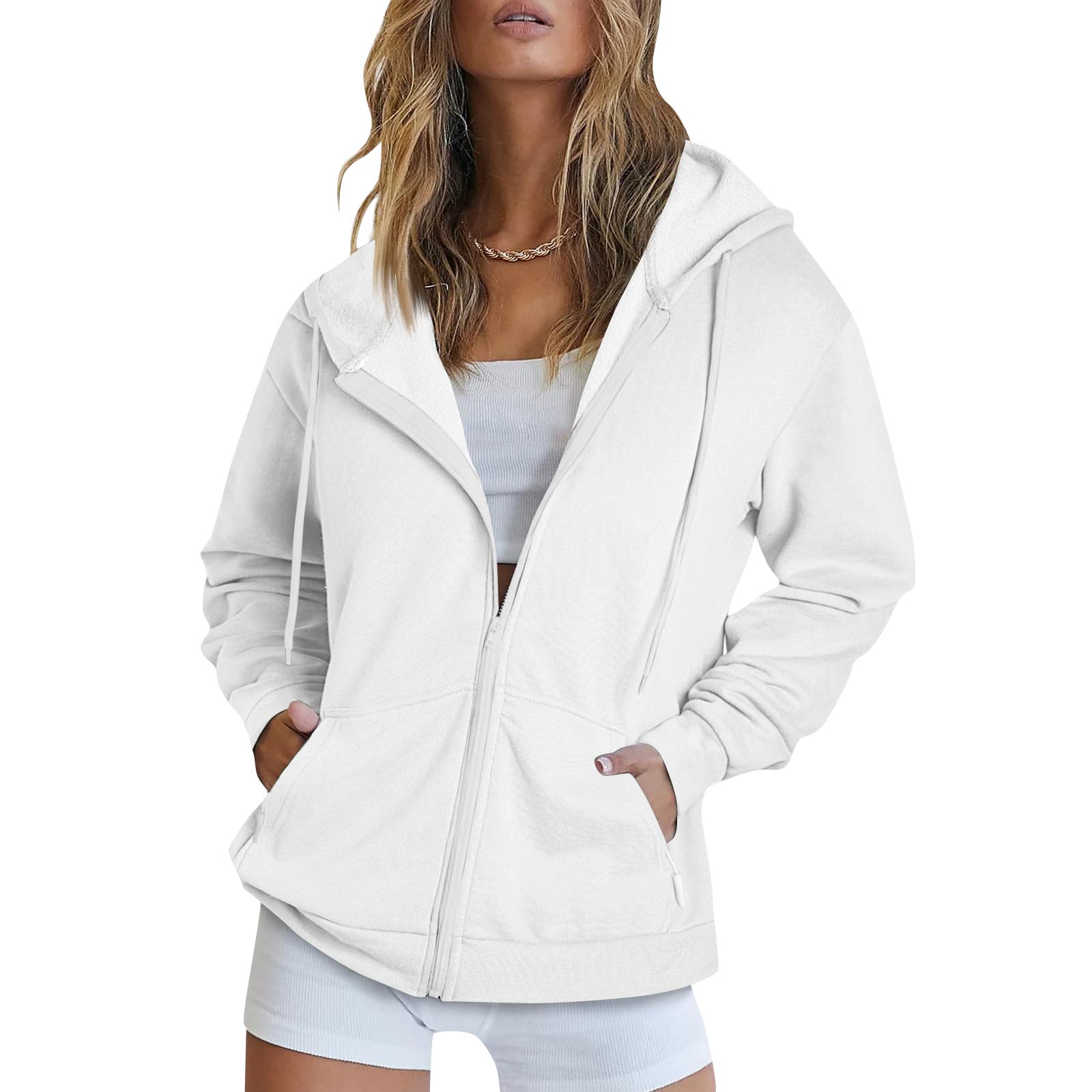 

Худи женское оверсайз, толстовка повседневная с длинным рукавом, флисовая куртка, легкие осенние худи, карманы на молнии XL белый