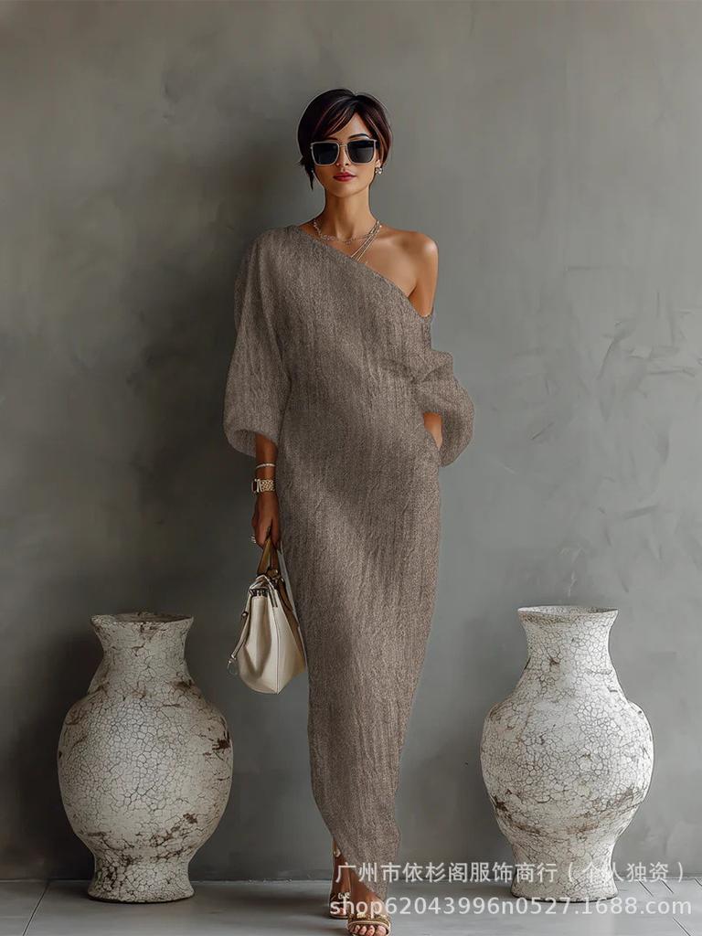 2026 Elegant Retro Chinese Zen One-Shoulder Loose Long Dress