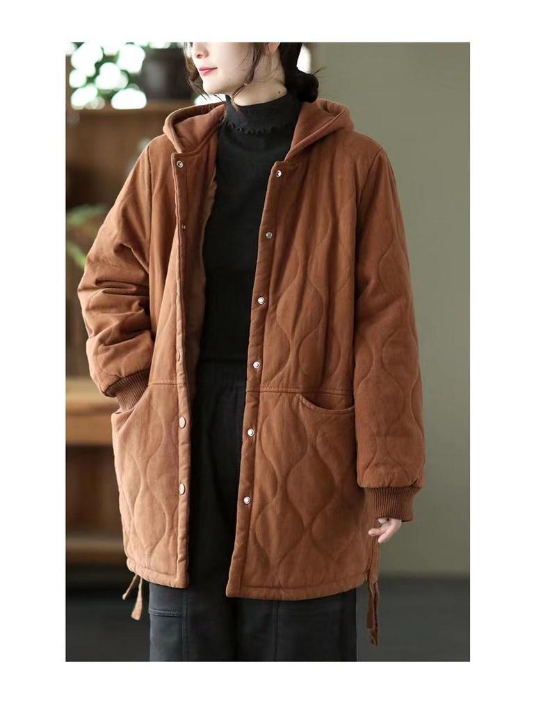 Women's Retro Padded Cotton Jacket: Autumn/Winter Hooded, Round Neck, Long Sleeve, Loose Fit, Plus Size Casual Top.