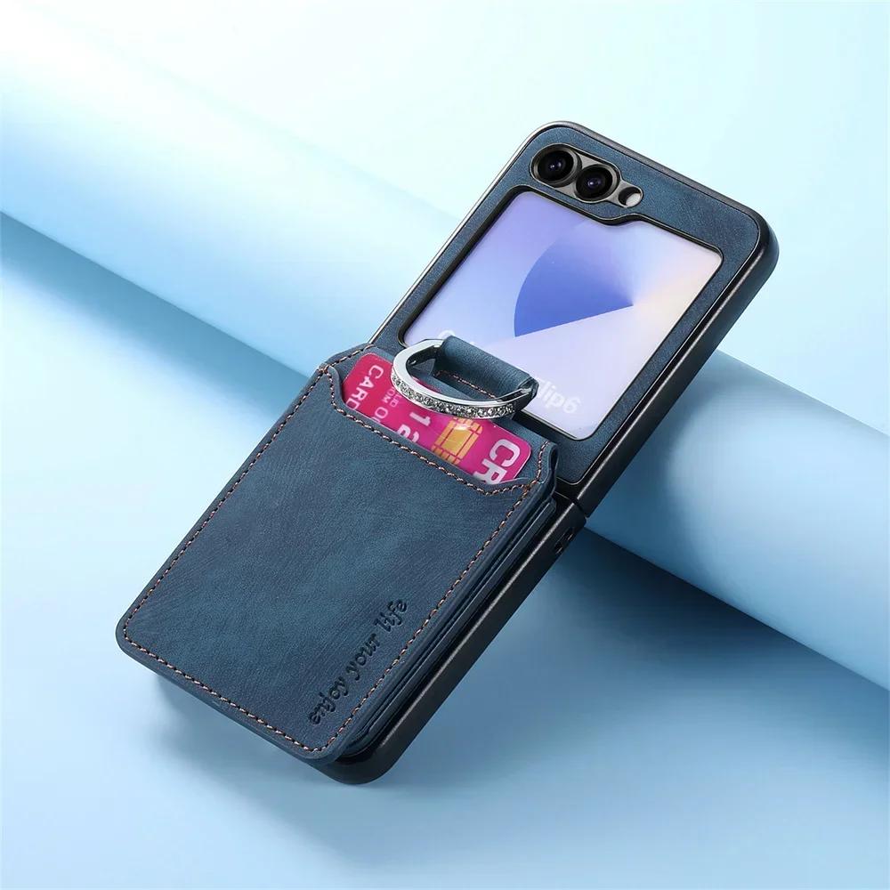 Retro Leather Wallet Phone Case with Ring Bracket for Samsung Galaxy Z Flip 7 Fe 6 5 4 3 Flip6 Flip5 Flip4 5G Cover Card Holder