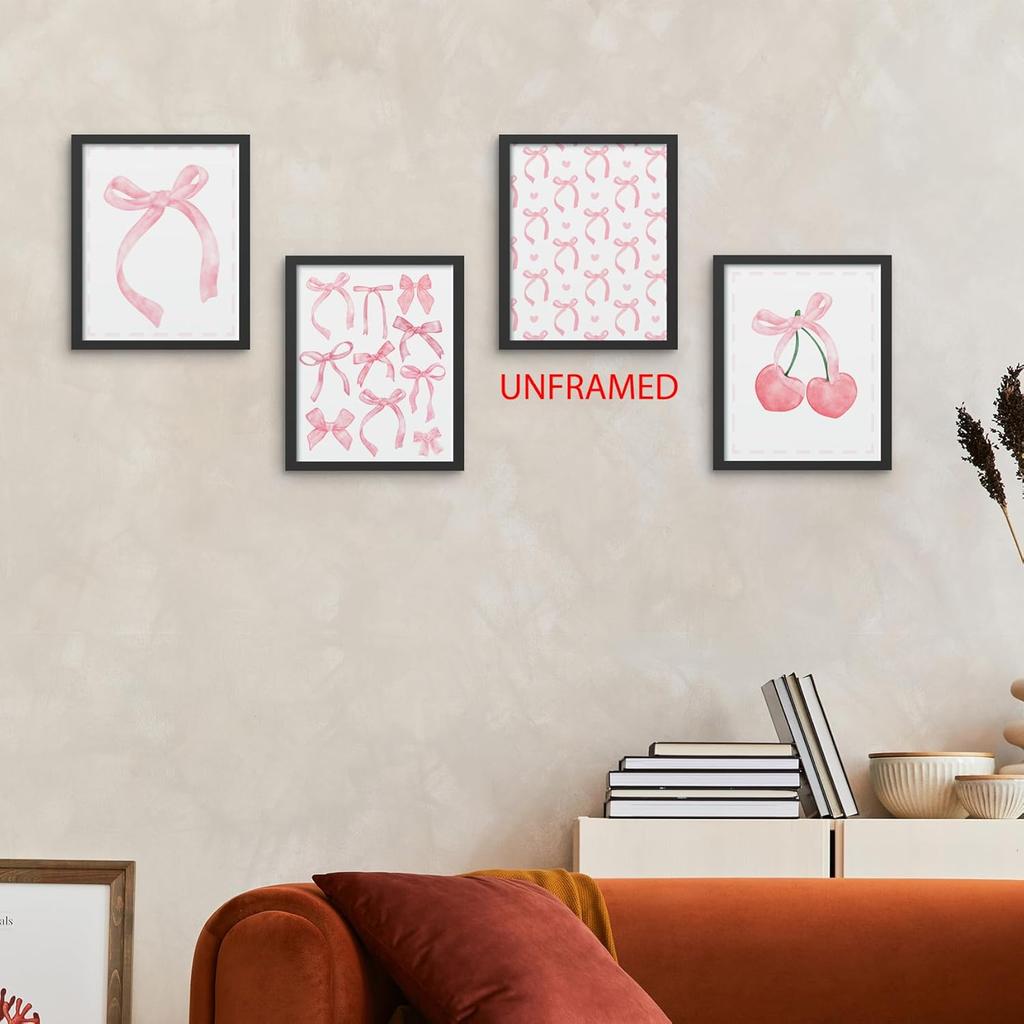 Hxlac Pink Bow Coquette Wall Art Prints Set of 4 Unframed - Pink Preppy Wall Decor, Coquette Preppy Aesthetic Bow Cherry Teen Girl Dorm Room Decor,