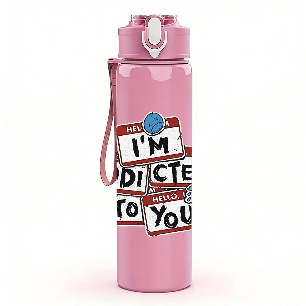 1PC Simple Face Doodle Line Art Print 750ml Colorful Plastic Sports Water Bottle Leakproof Pop Up Lid with Straw for Outdoor Work Home Use