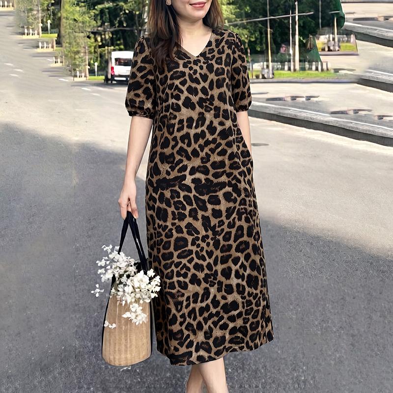 ZANZEA Women Casual V-Neck Loose Half Sleeve Leopard Print Dress