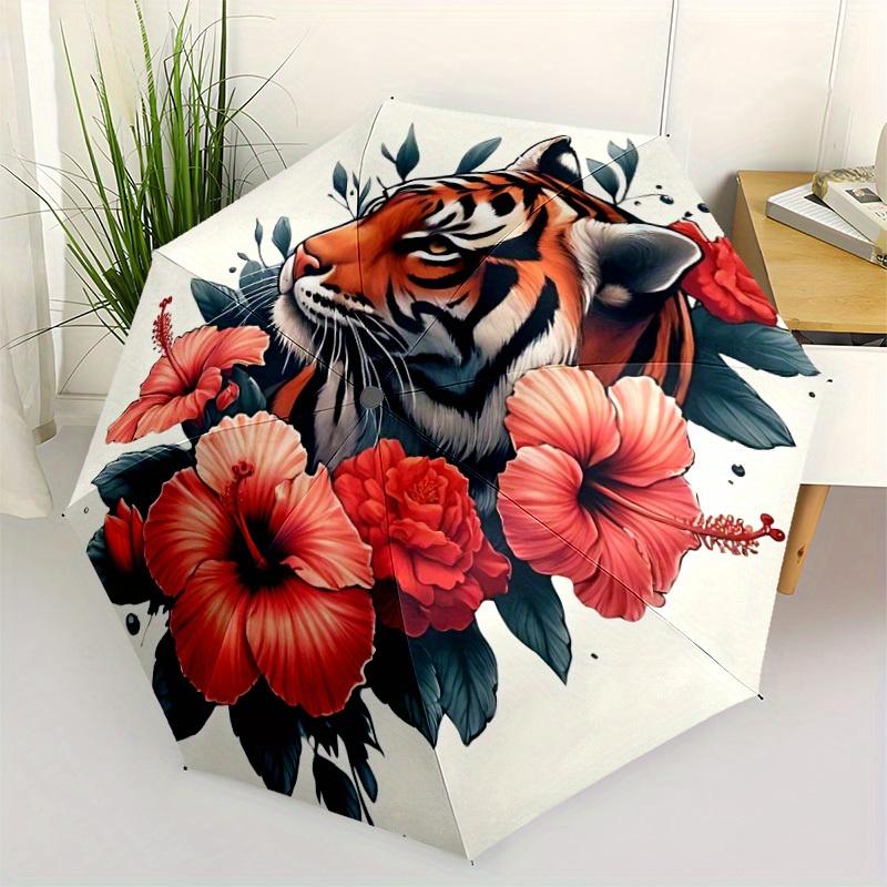 1pc Tiger Floral Print Automatic Open/close, All-Season Portable Folding Umbrella for Friends, Travel, Everyday yy250812213