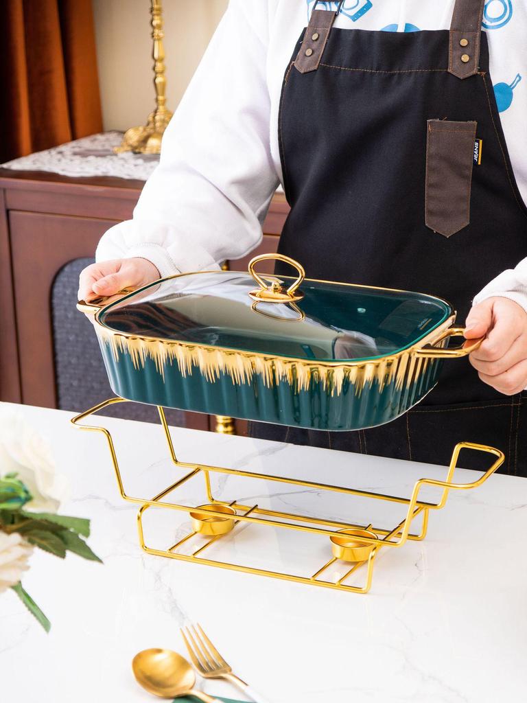 Rectangular Golden Ceramic Baking Casserole Pot with Stand
