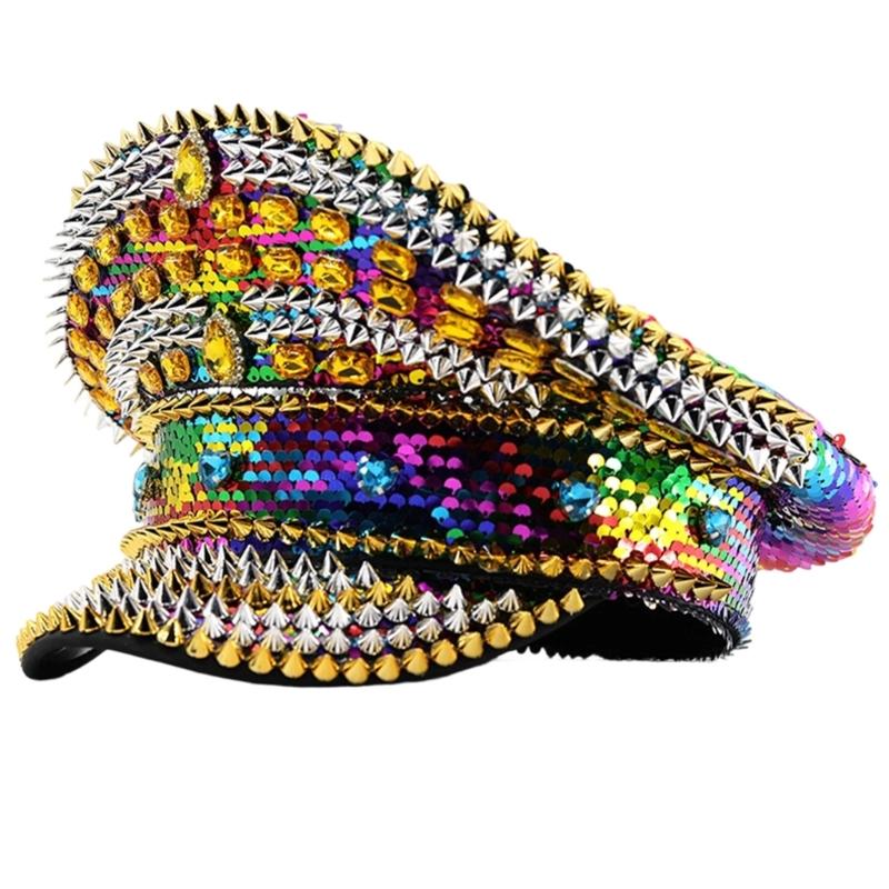 Stylish Rhinestones And Studded Flat Top Cap For Women Men Baseball Hat Fashionable Party Accessory With Adjustable Size