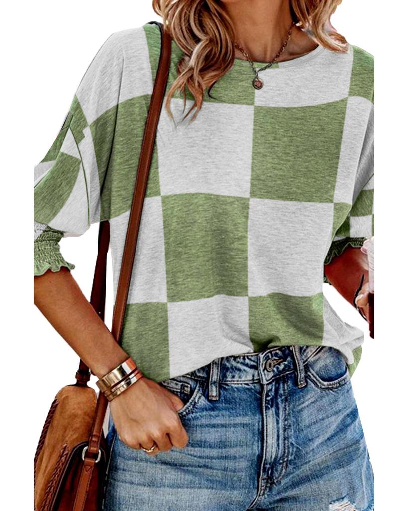 Azura Exchange Grass Green Mix Checkered Print Shirred Cuffs Blouse
