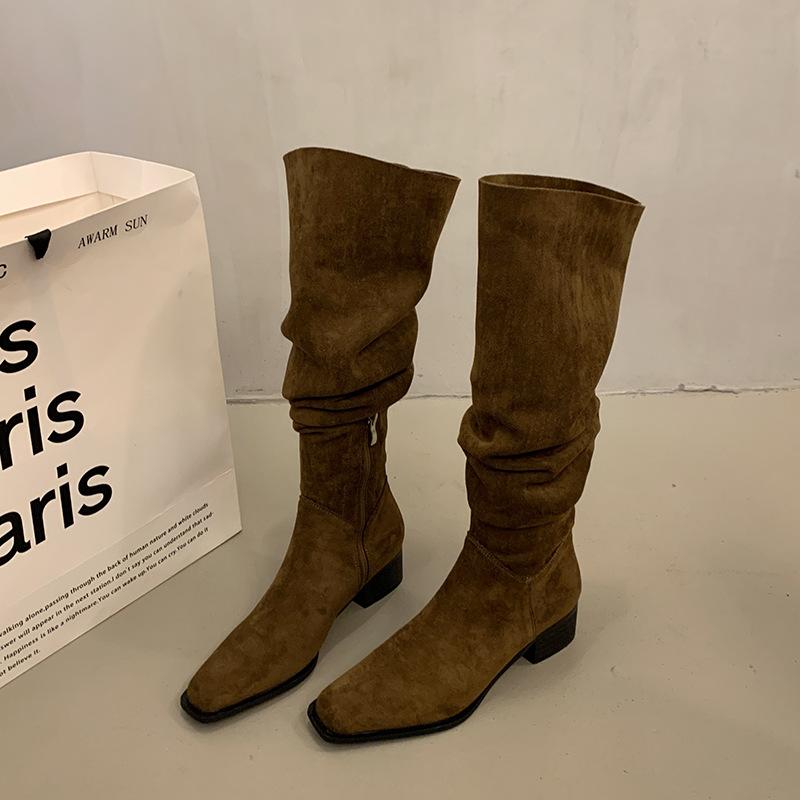 

Ботильоны на толстом каблуке из замши с острым носком женская обувь 2025 новый осенне-зимний корейская версия длинные ботфорты выше колена рыцарские сапоги 40 коричневый