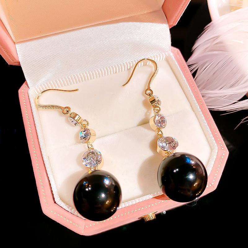 2023 New Inlaid Zircon Long Tassel Black Pearl Earrings Women's Personality Fashion Earrings Wedding Birthday Gifts