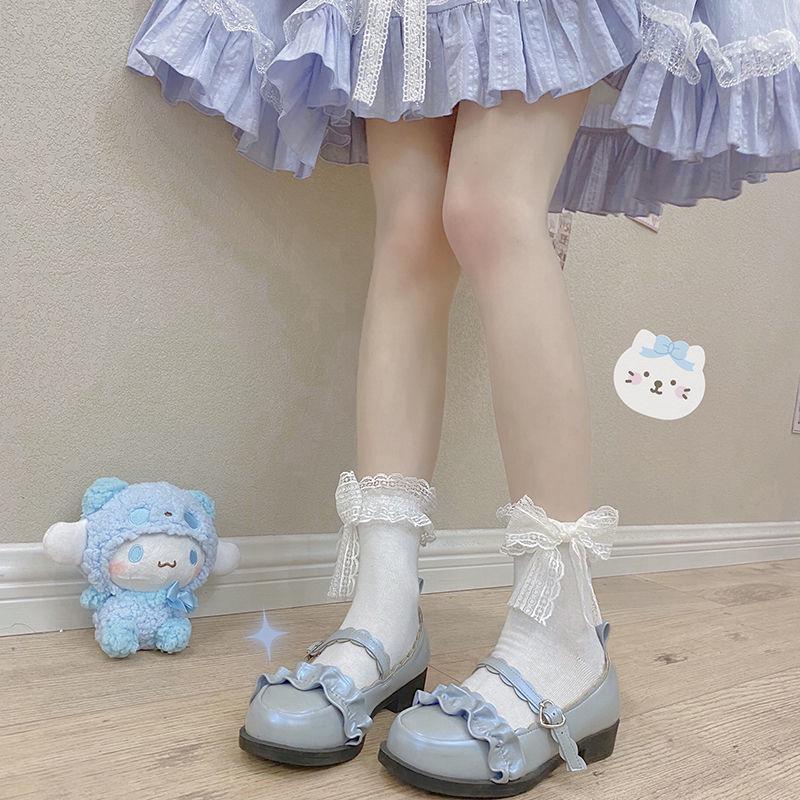 Japanese Lolita Soft Lace Mid-Tube Socks: Breathable Bow-Design Calf Socks for Women