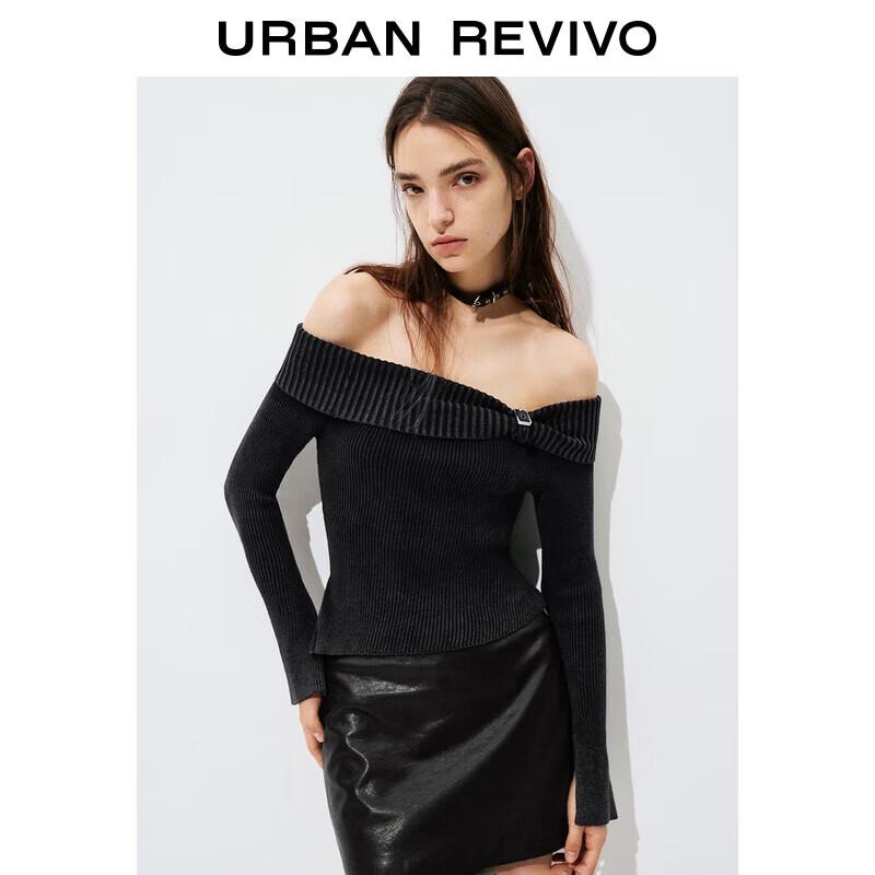 

UR 2025 Autumn Off-Shoulder Belt Buckle Cropped Knit Top L