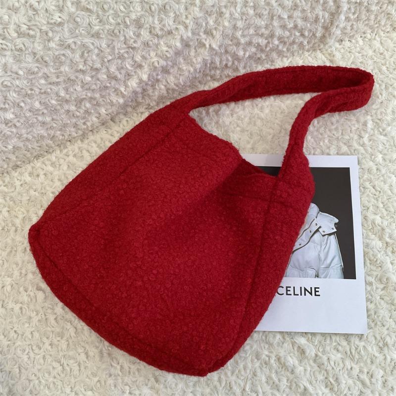 

111 autumn and winter new style shoulder bag solid color circle fleece tote bag burgundy commuter bag female student