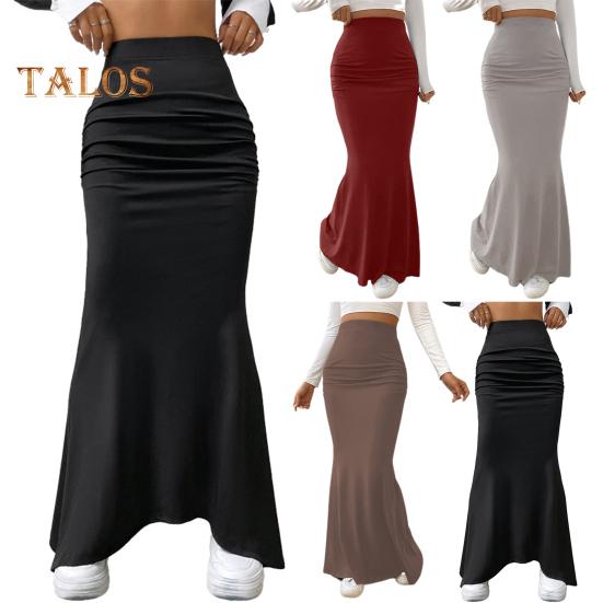 Women Maxi Skirt High Waist Solid Color Fishtail Skirt Slim Fit Hip Lifting Ankle Length Skirt Shirring Design Long Skirt