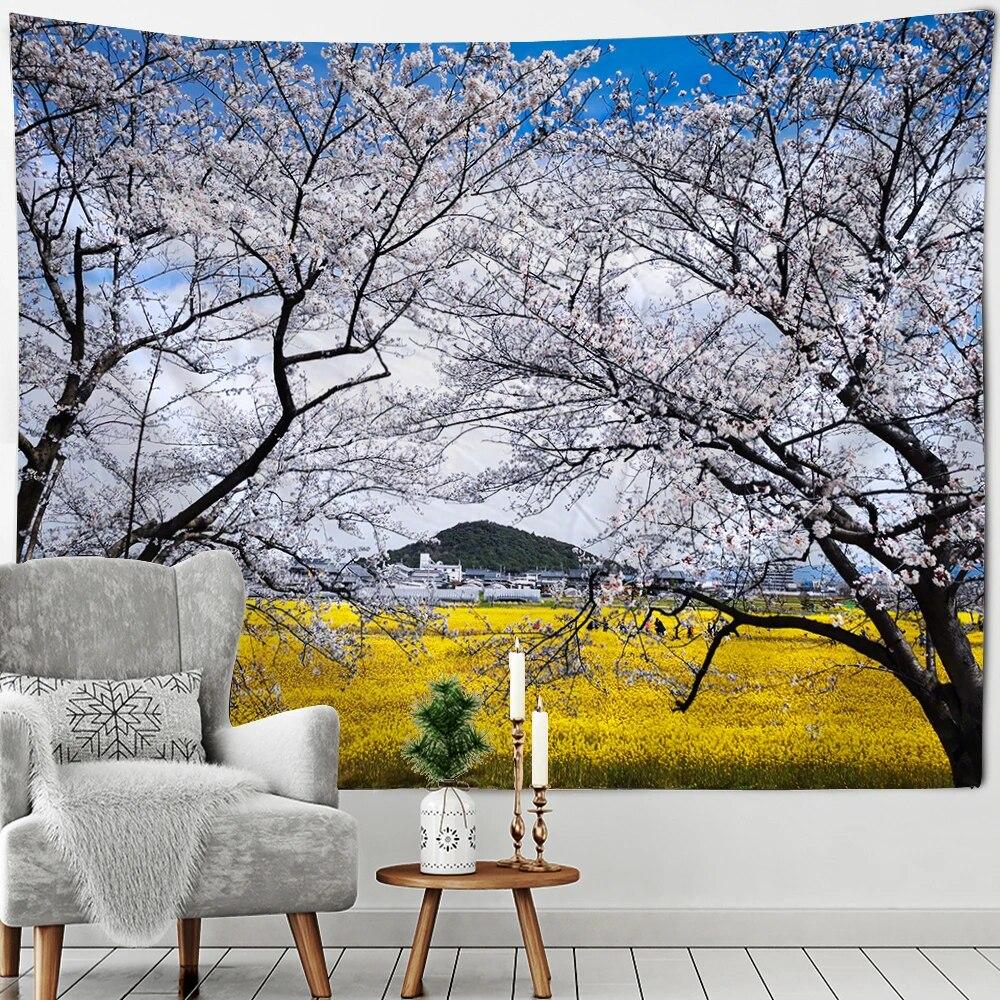 Beautiful Mount Fuji Sakura Pagoda Landscape Wall Hanging Tapestry Decorative Art Suitable for Living Room Room Home Decor