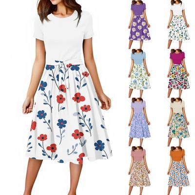 Women's Casual Fashion Belted Floral Printed Short Sleeve Round Neck Elegant Flowing Dress