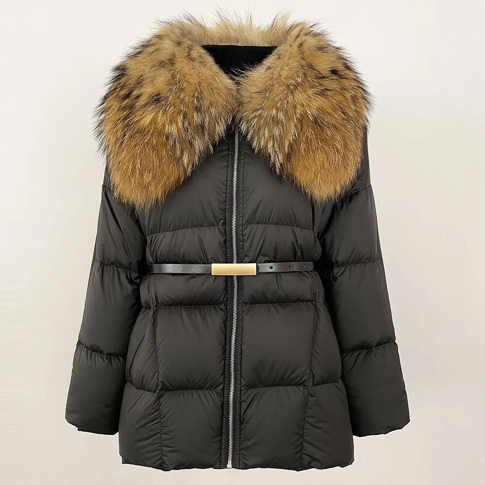 OFTBUY Winter Jacket Women Natural Real Raccoon Fur Collar Belt Thick Warm Duck Down Coat Detachable Outerwear Streetwear Casual
