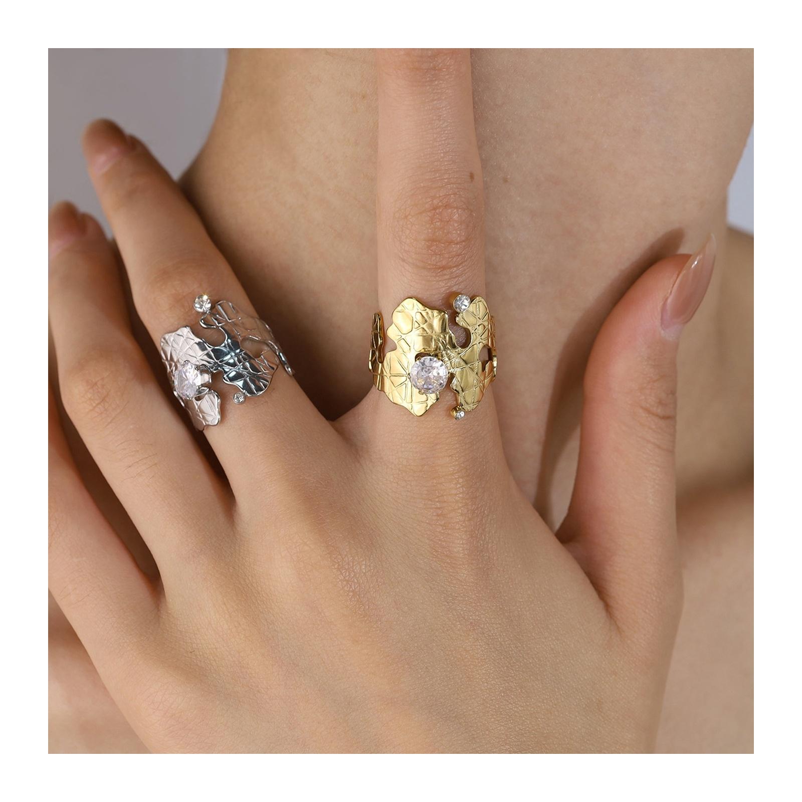 Textured Ring for Women Cubic Zirconia Stainless Steel Irregular Open Adjustable Statement Ring Jewelry Gift