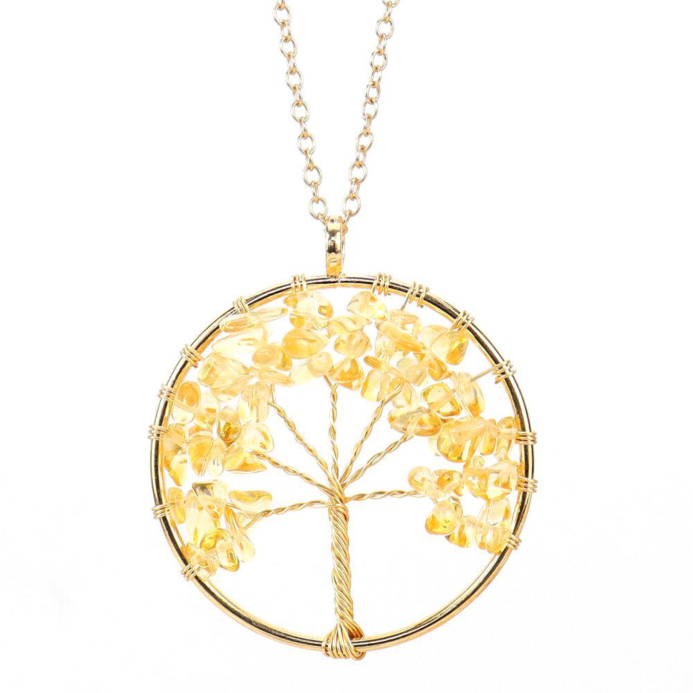 Color Retaining Gold Hand Winding Natural Crystal Gravel Tree Of Life Necklace N104