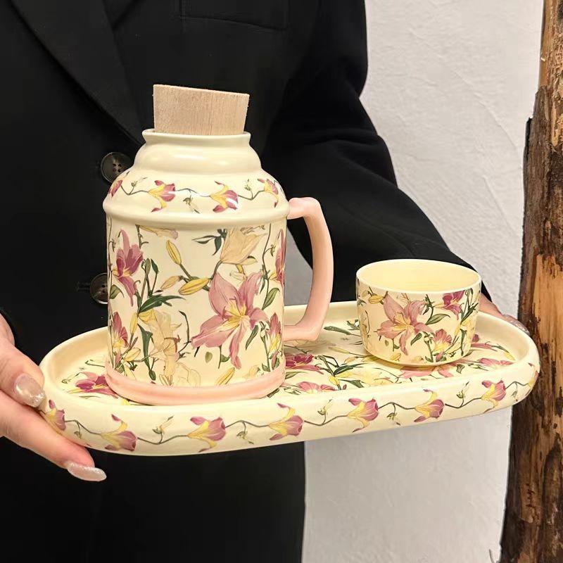 Retro Design Wind Chimes Flower Kettle Cup Set, Afternoon Tea Ceramic Cup, High-End Sense, Large-Capacity Teacup With Lid