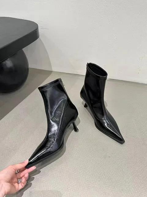 Spring Women's Pointed Toe High-heeled Short Boots with Stiletto Heelsoptional Fleece Lining Medium-heeled Fashion Women's Boots