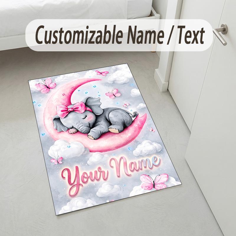 Elephant Theme Crystal Velvet Rug Personalized Custom Name Text Soft Floor Mat Home Decor