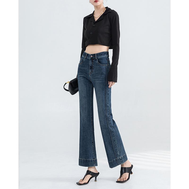 French Gentle Style Denim Trousers for Women In Autumn New High-waisted Temperament Versatile Nine-point Flared Pants