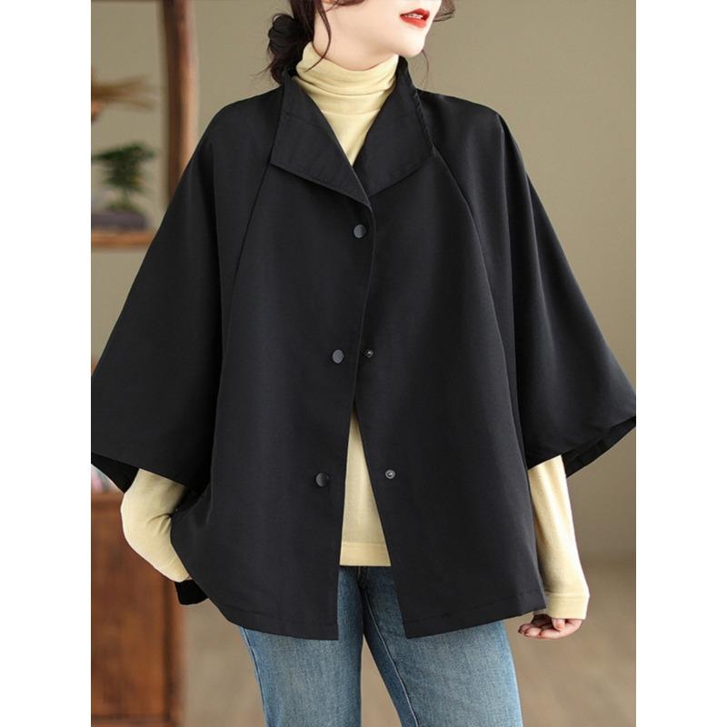 Women Loose Short Trench Coat Raglan 7 Sleeve Literary Casual Outerwear