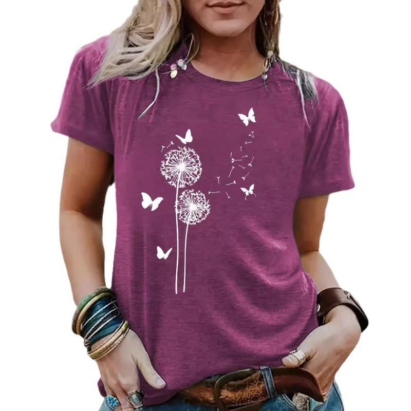 Dames T-shirt met paardenbloempatroon, ronde hals, korte mouwen, casual en modieus