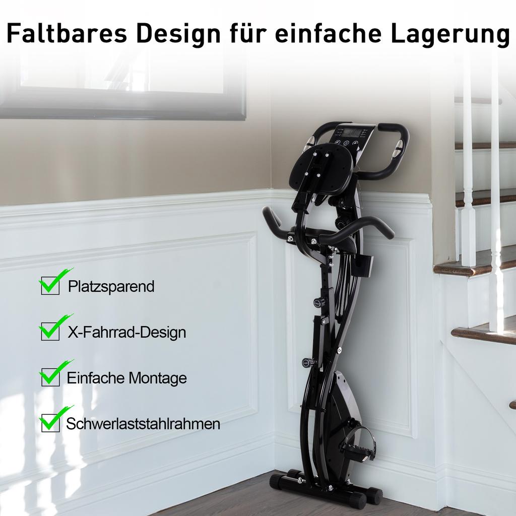 2-in-1 Folding Exercise Bike with 8-Level Magnetic Resistance, Arm Resistance Band, Pulse Sensor, Black