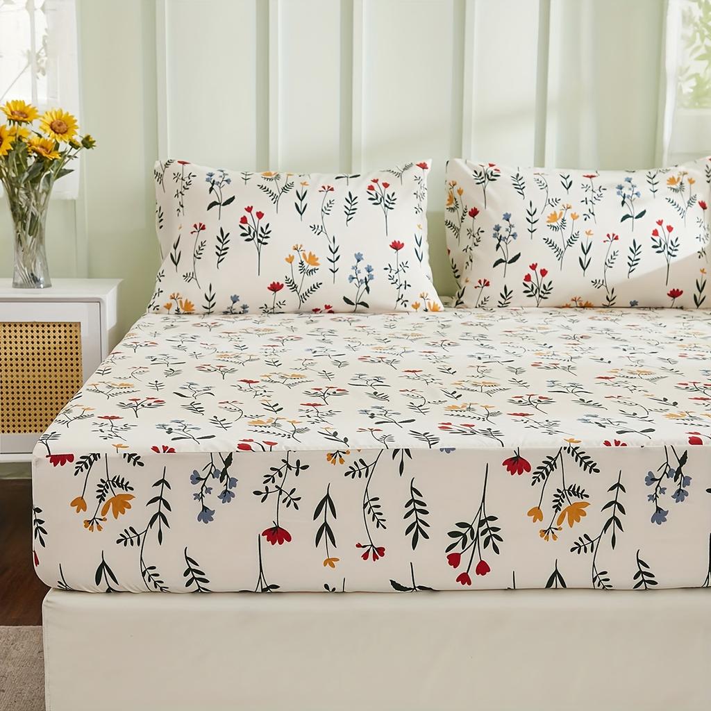 Multicolor Floral Print Polyester Fitted Sheet Set Modern Minimalist Style Bedding Collection Fresh Look For Your Bedroom