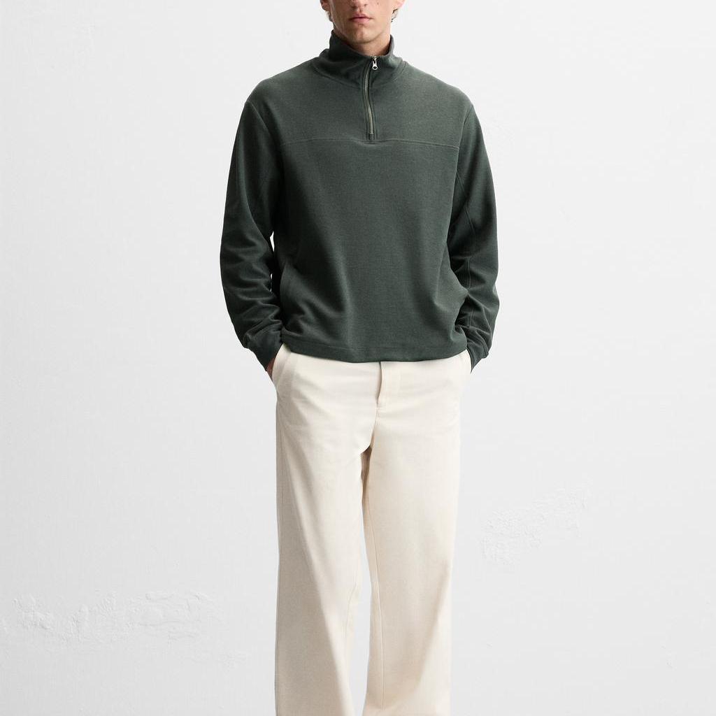 ZARA American Style Solid Color Cotton Half-Zip Stand Collar Long Sleeve Sweatshirt Men sweatshirt Coal-Gray 04087337-35