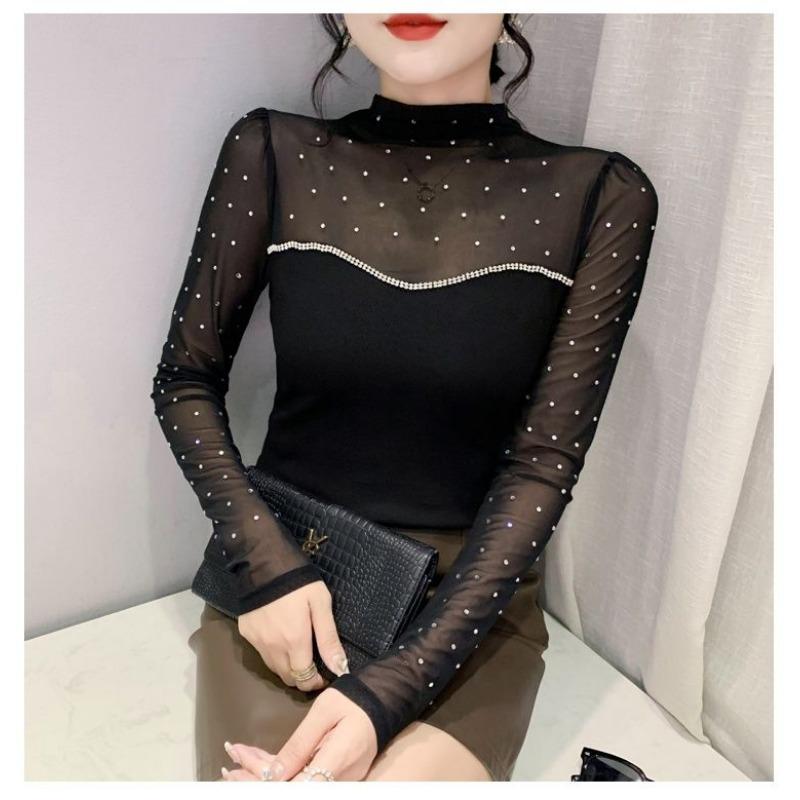 European Autumn New Slimming Fashion Mesh Splicing Hot Diamond Beads Sexy Versatile Long-sleeved Bottoming Shirt