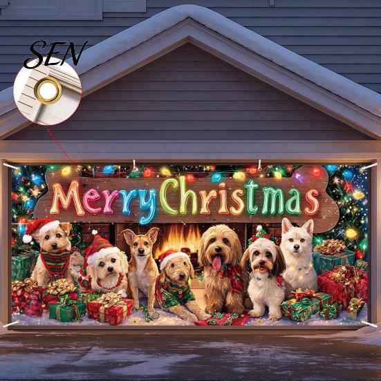 Outdoor Winter Party Supplies Christmas Garage Door Cover, Holiday Hanging Banner Backdrop, Decoration Santa Claus Snowman Truck Photography