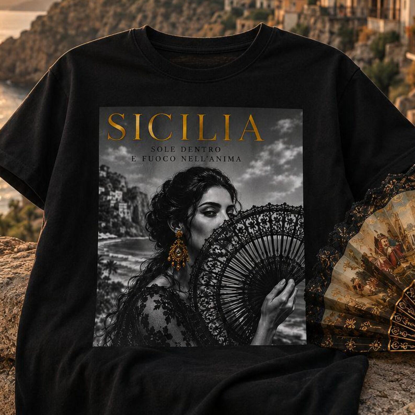 Sicily T-Shirt,Italian Vintage Graphic Tee,Sicilian Woman Art Shirt,Sicily Travel Souvenir,Mediterranean Fashion,Sicily Lover L