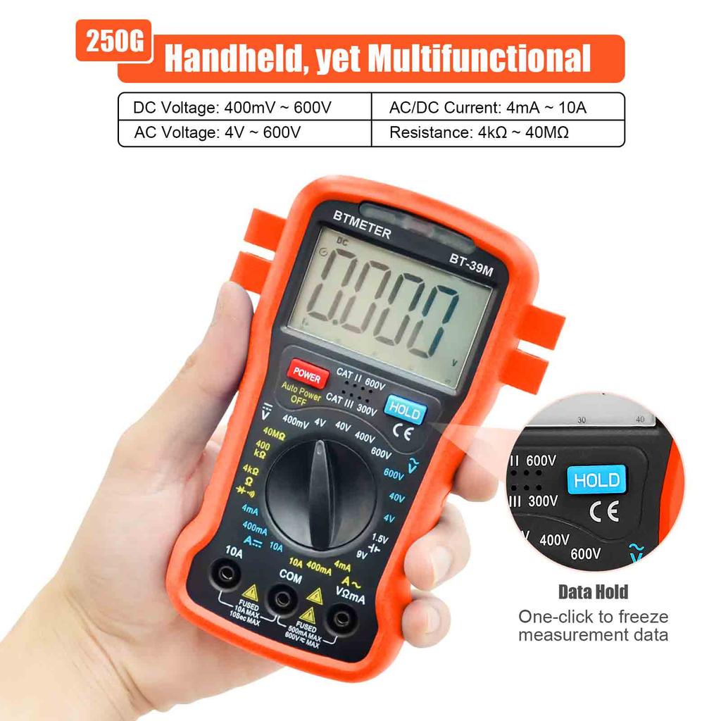 BTMETER Digital Multimeter Electrical Tester, 4000 Counts TRMS Volt Meter AC DC Current Ohm Meter with Continuity Buzzer,BT-39M