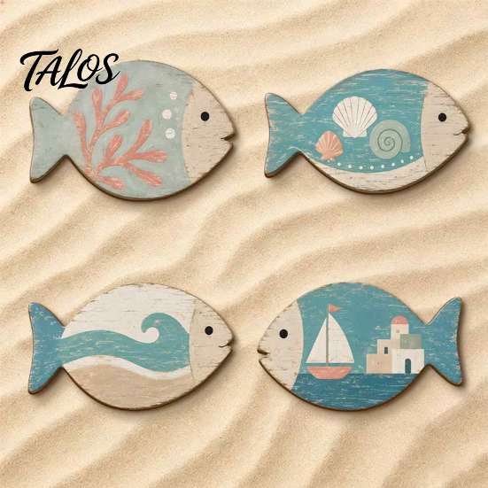 Coastal Wall Art for Living Room 4Pcs Wooden Hanging Fish Art, Bathroom Plaque with Nautical Marine Life Ornaments Theme Bedroom, Rustic Beach