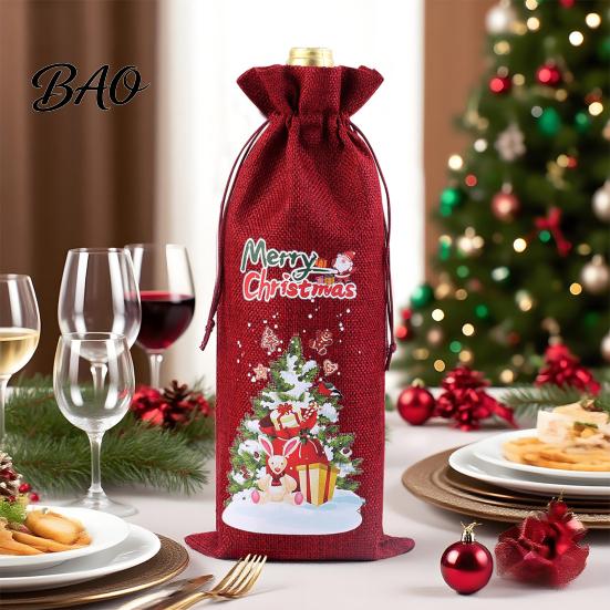 Decorative Bottle Bags for Christmas Wine Bag, Vintage Drawstring Sleeve, Reusable Faux Holiday Party Packaging Linen Cover Clothes New Year