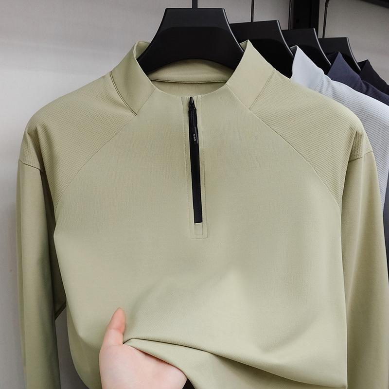 Spring Semi-Zipper Stand-Up Neck Sweater Men'S Long-Sleeved T-Shirt Solid Color Casual Sports Simple Top Men