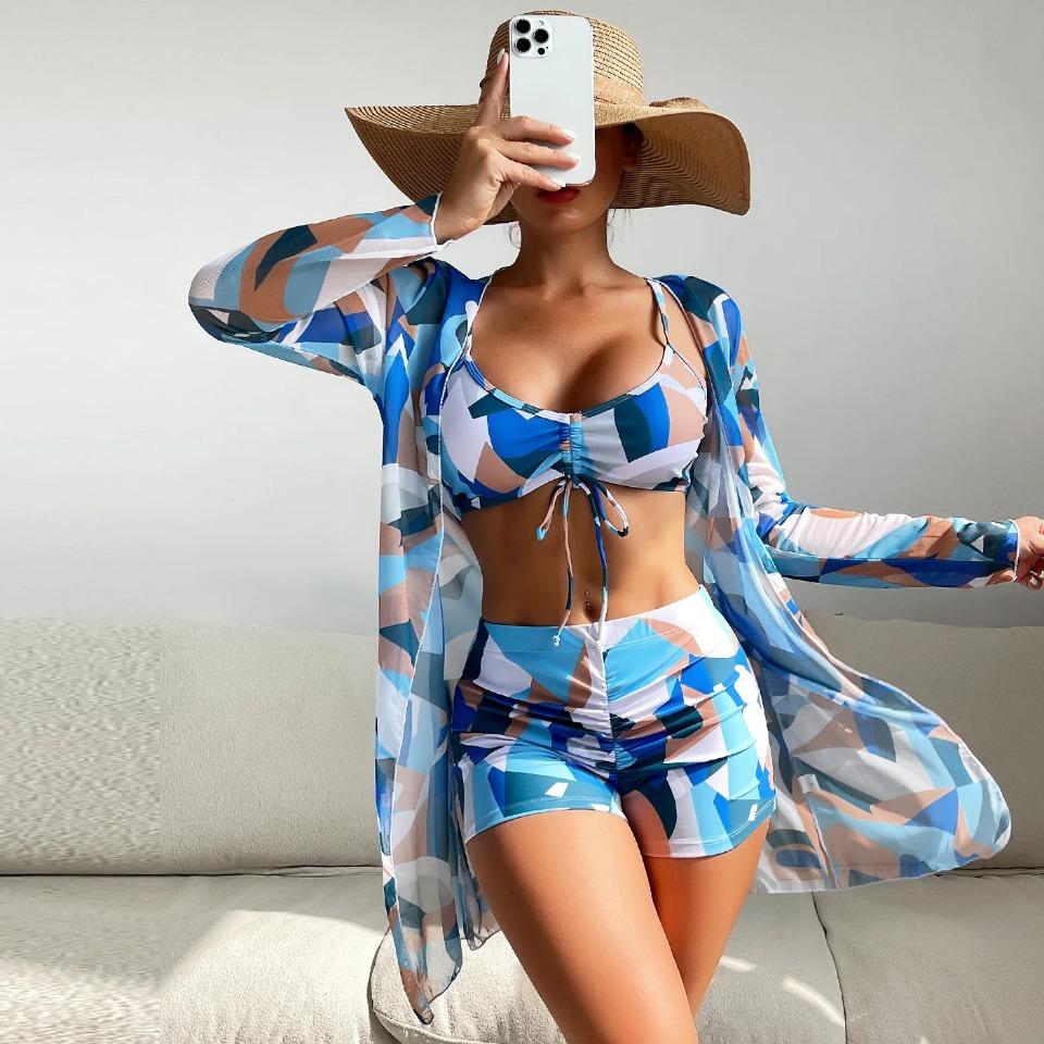 Msfilia Women's Swimsuit Split Three Piece Set High Waist Long Sleeve Ins Overshirt Drawstring Printed Bikini Suits