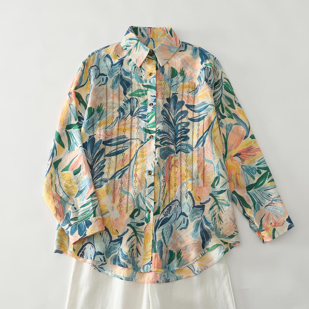 DIMANAF 2026 Neues Sommer Damen Übergröße Oberteile Hemden Lässig Locker Bluse T-Shirts Druck Blumenmuster Langarm Knopf