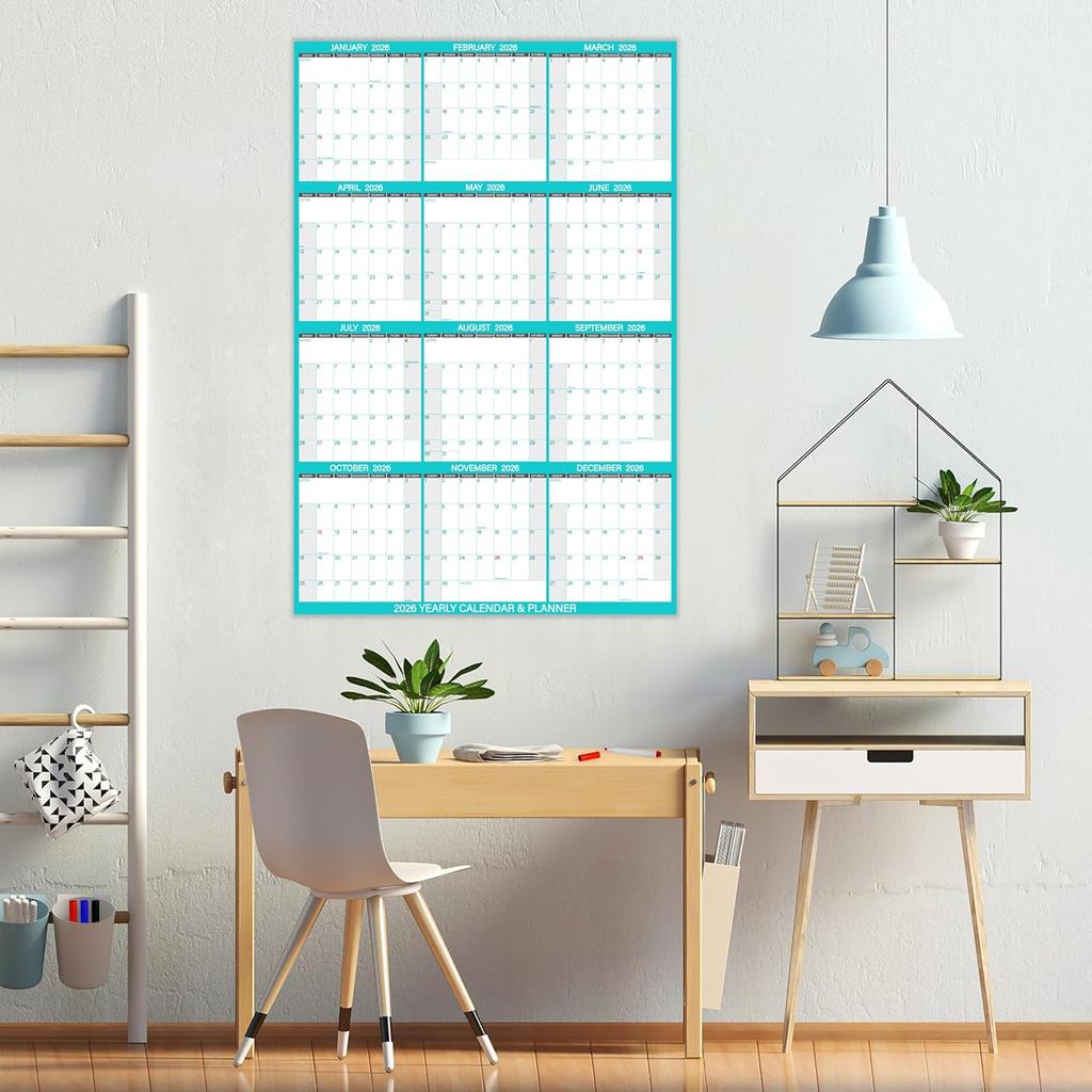 24" x 36" 2026 Wall Calendar with 3 Pack Fineliner Color Pens, Large 12 Month Annual Yearly Planner, Erasable Wet & Dry Erase Laminated Calendar for