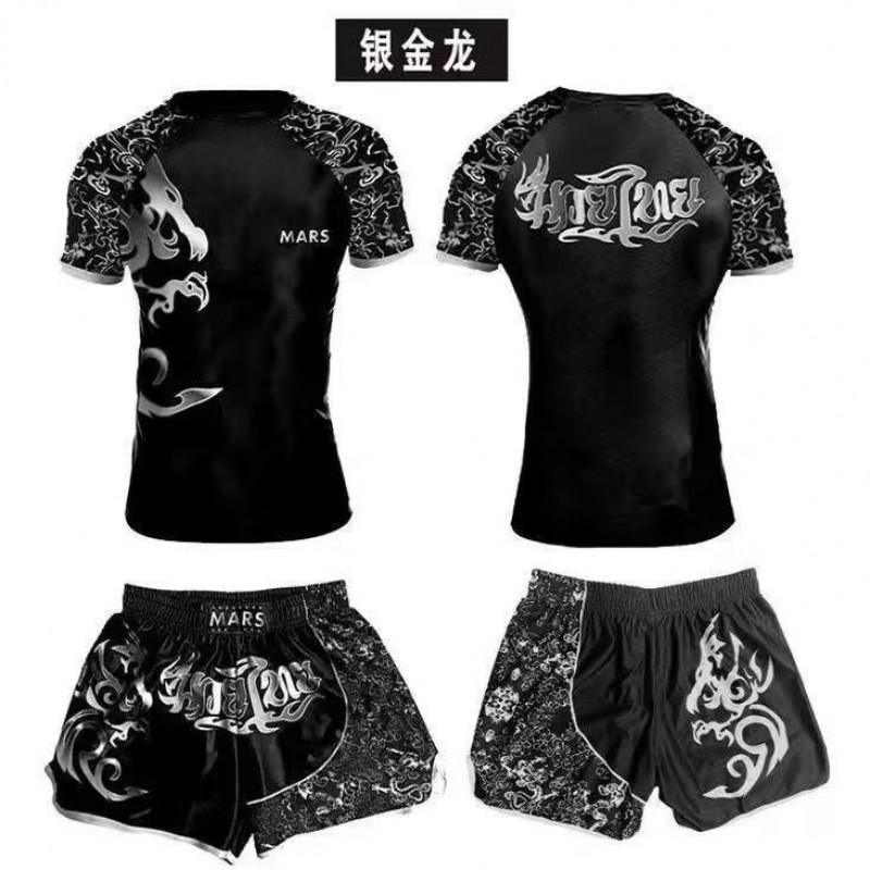 Herren Kompressions MMA Boxen Trainingsset Kurzarm Rash Guard Shorts Kampfsport Fitness